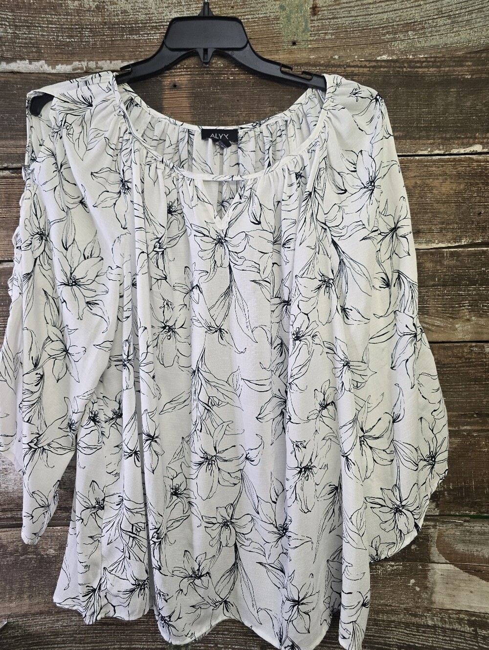 ALYX White Blouse with Black Floral Sketch Print,  Size 2X